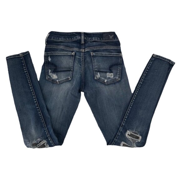 American Eagle Women’s Distressed Skinny Dark Wash Stretch Jeans Size 2 - Picture 6 of 7